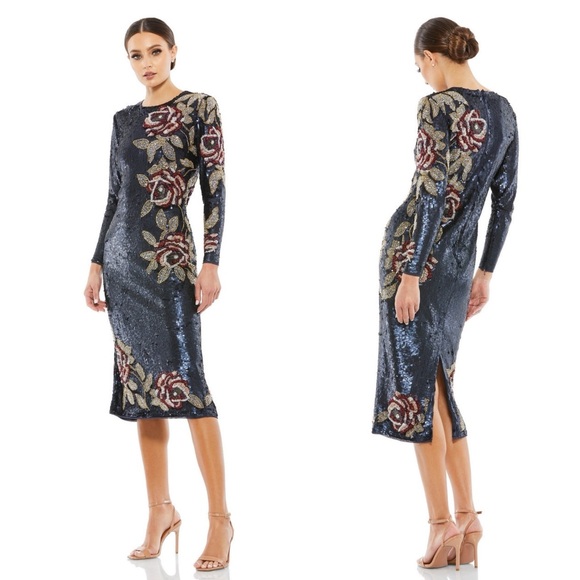 NWT Mac Duggal 93624 Sequined Asymmetrical Floral Long Sleeve Midi Dress Size 4 - Picture 1 of 11